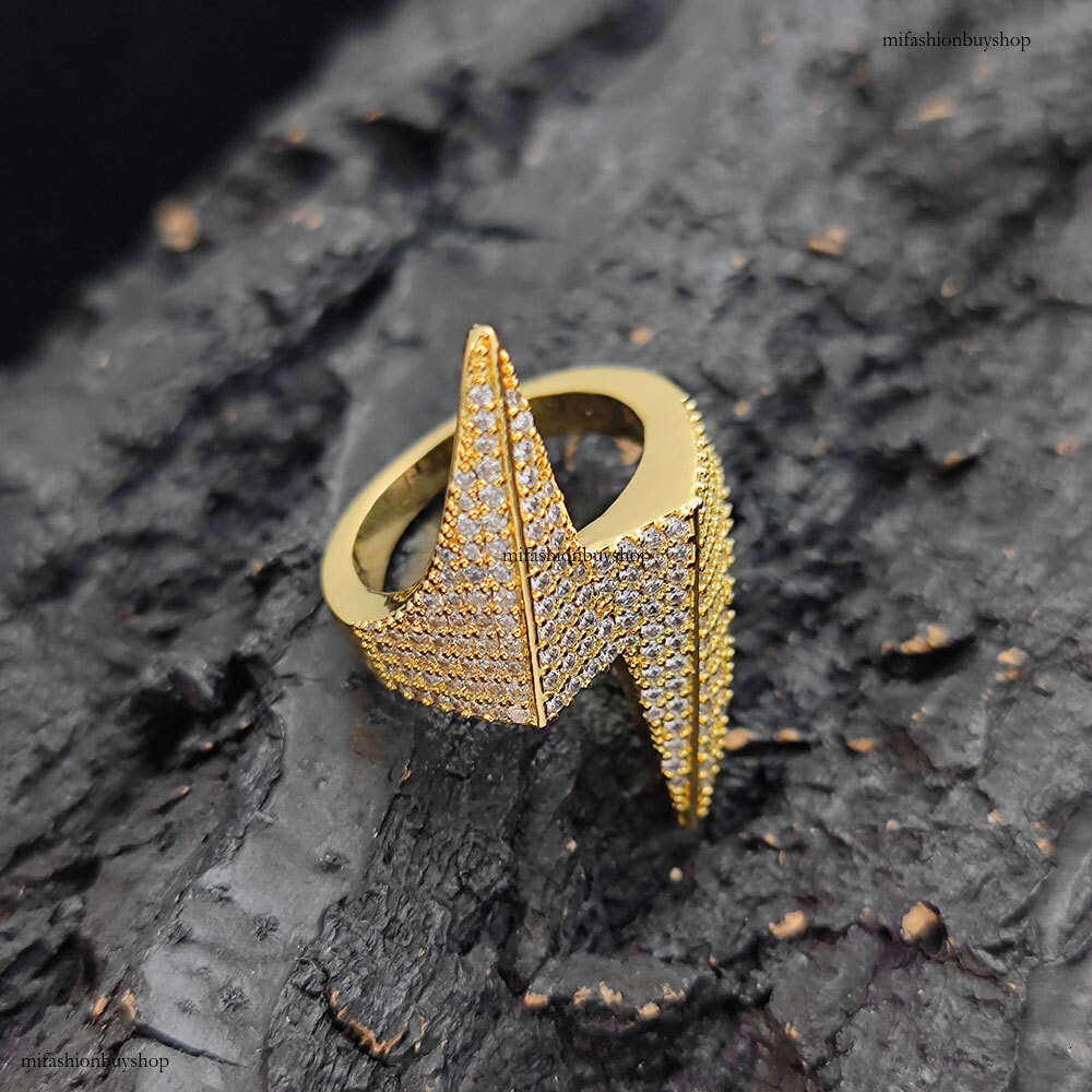 Rhombus Lightning Trendy Brand Personality Hip-Hop Sterling Silver Inlaid Full Zircon Men's Ring Jewelry