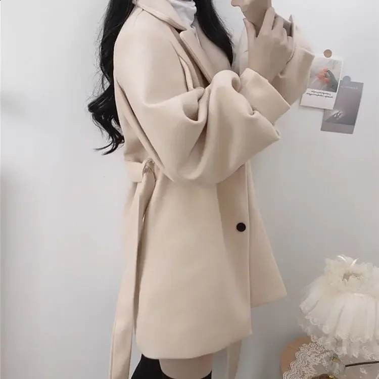 Chic Korean Style Womens Woolen Suit Jacket Autumn Winter Loose Fit Medium Length Coat with Notch Collar for Shorter Ladies 250809
