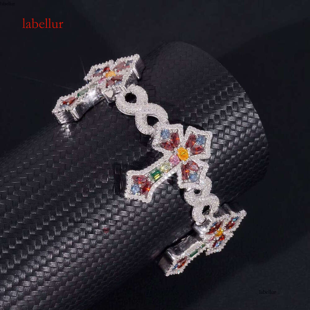 Iced Fancy Cut Colorful Silicon Cross Bracelet Sterling Sier GRA Certificate Men's Jewelry