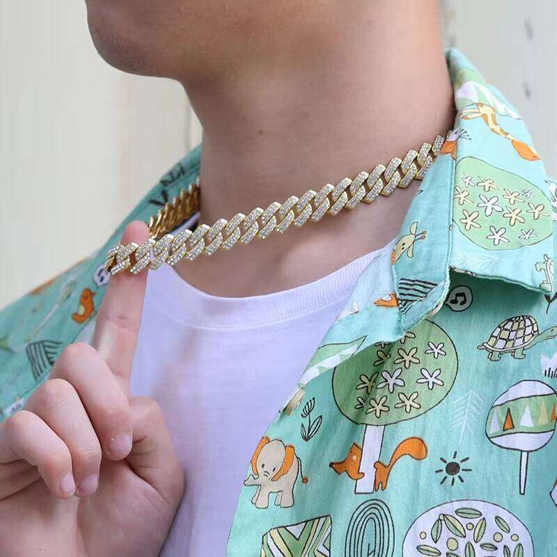 Women's 14mm Fashion Hip-Hop Necklace Jewelry Iced Out Rhinestone Zircon Gold and Sier Cuban Chain for Men