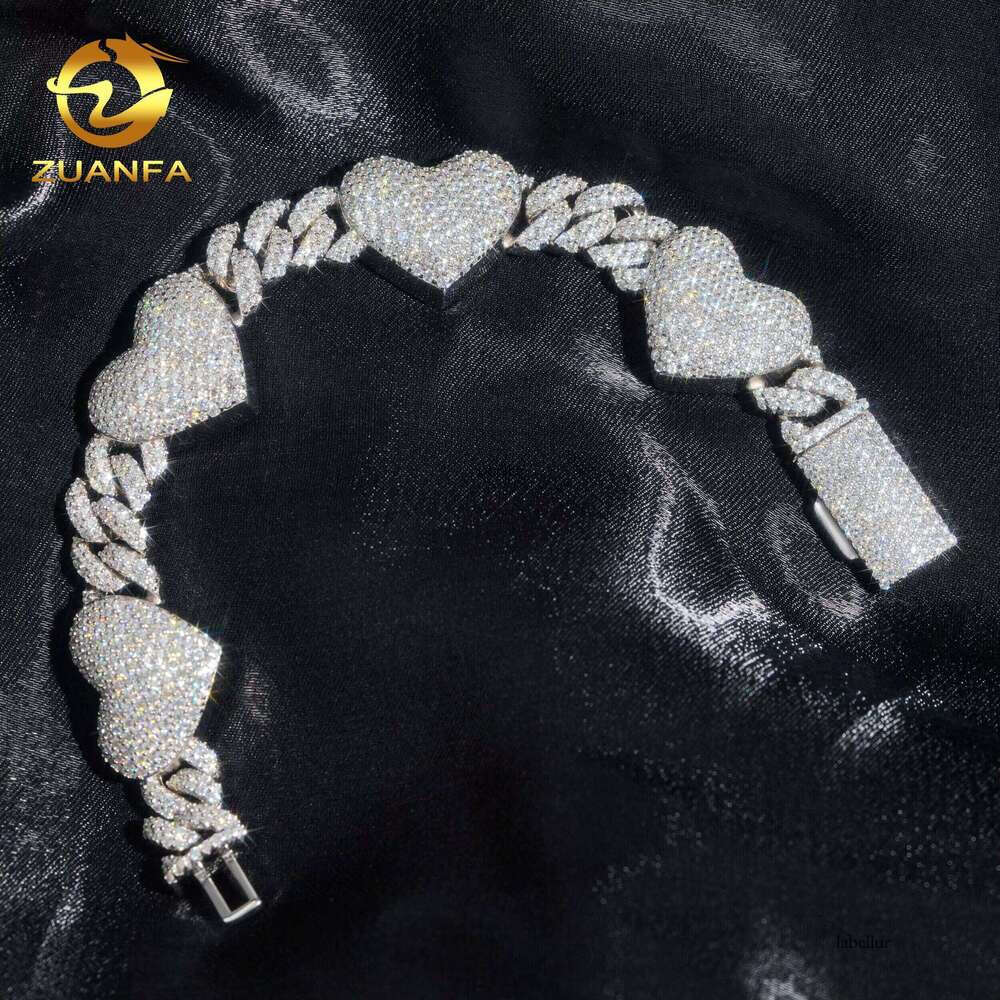 Fashion GRA Certificates Pass Tester Solid Sier 13Mm Iced Out Hip Hop Moissanite Dia Heart Link Chain Bracelet
