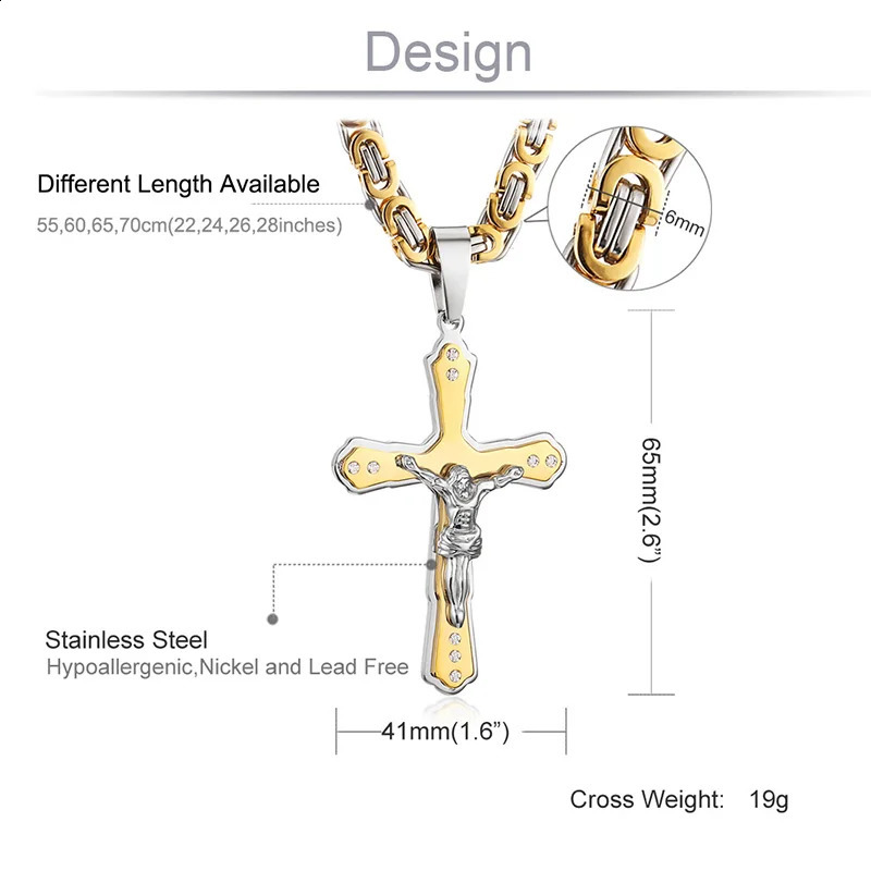 Ancient Men Stainless Steel Crystal Jesus Christ Holy Crucifix Cross Pendant Necklace Byzantine Chain Necklaces Jewelry Gifts 250805