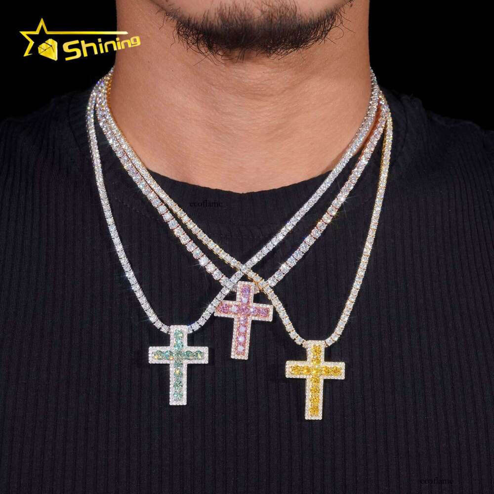 Ready to Ship Valentine Gift Colorful Sier Gold Plated Iced Out Moissanite Cross Pendant
