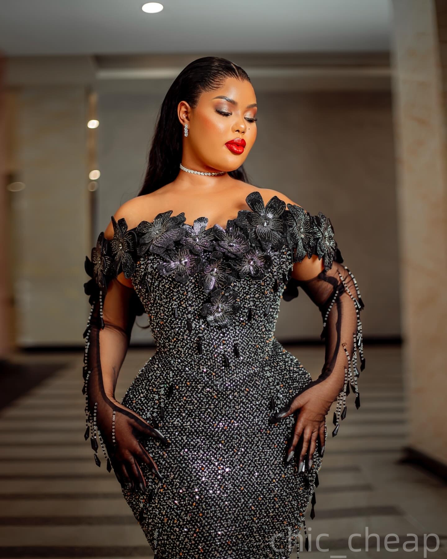 Mermaid Black Prom Dresses 2025 Flowers Crystals Sequined Off Shoulder Evening Formal Party Second Birthday Engagement Gowns Plus Size Dress For Speci