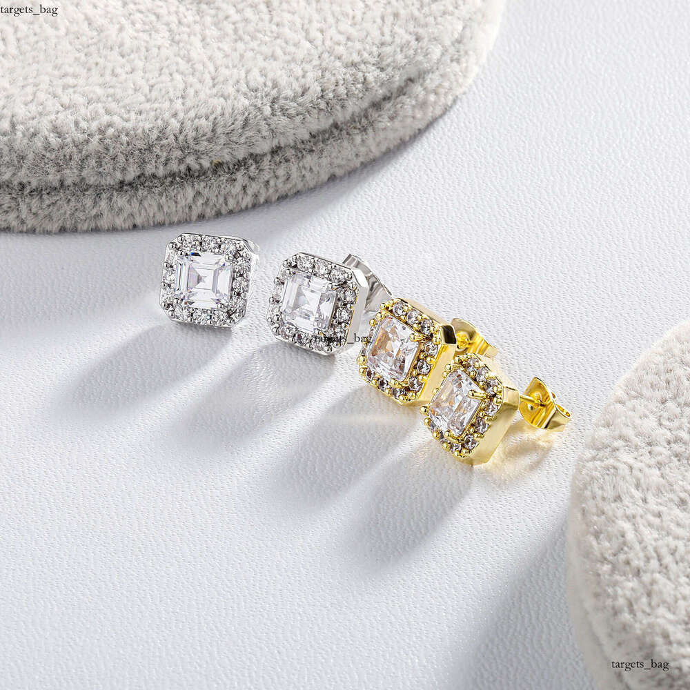Sier Needle Inlaid Dia Shining Square Simple for Women Light Hip Hop Rock Earrings Versatile Trendy Accessories