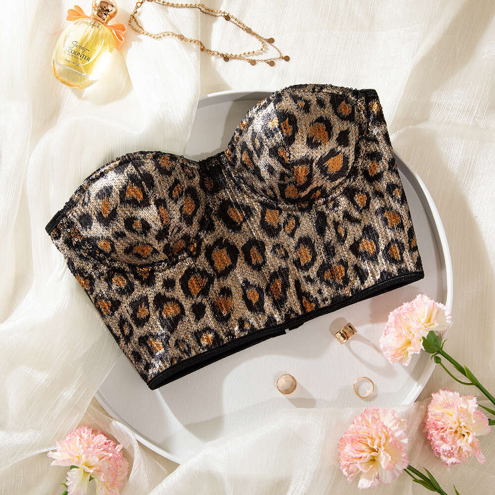 Hot Street Style Leopard Print Sequin Short Vest Outerwear Wild Elastic Tube Top Slimming