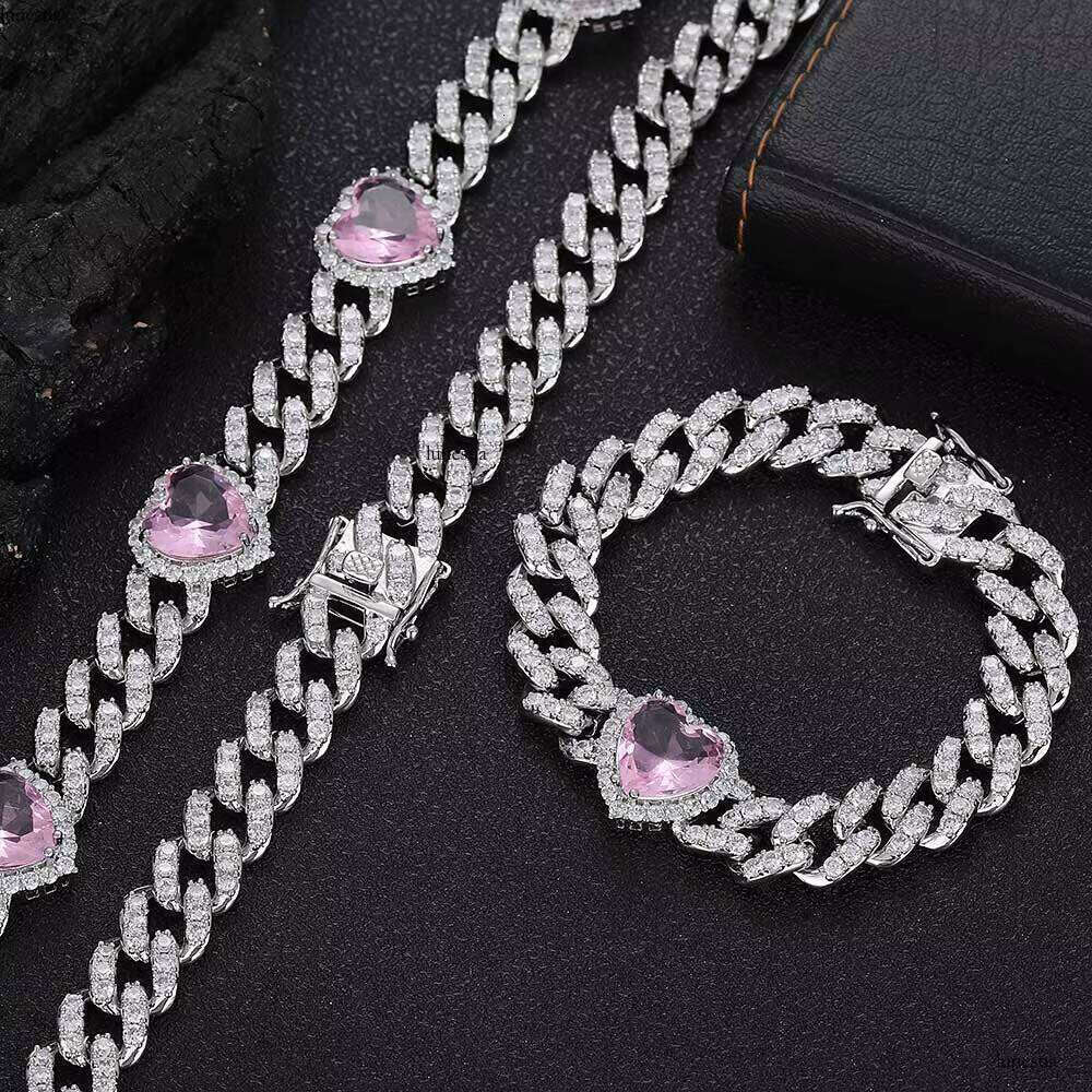 NUOYA Iced Out 10mm Pink Heart CZ Sier Cuban Hip Hop Single Row Prong Link Chain Bracelet for Women