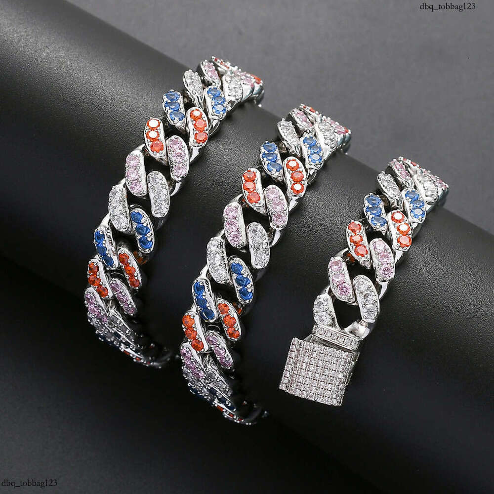 New 12mm Micro Paved 4-Color Moissanite chain Cuban Chain Necklace Hip-Hop Accessories