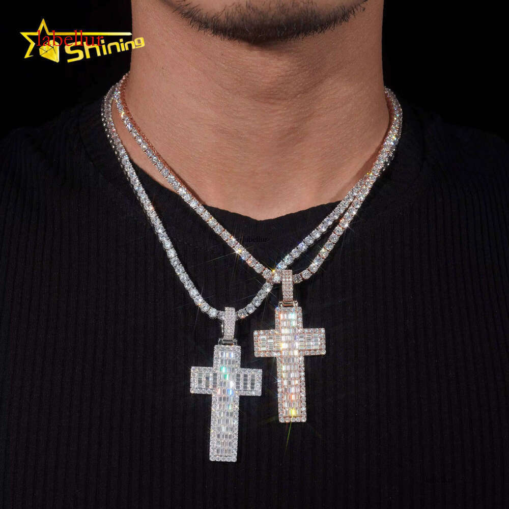 New Baguette Cross Pendant Sterling Sier Gold Plated Pass Dia Tester GRA Moissanite Charms Necklace