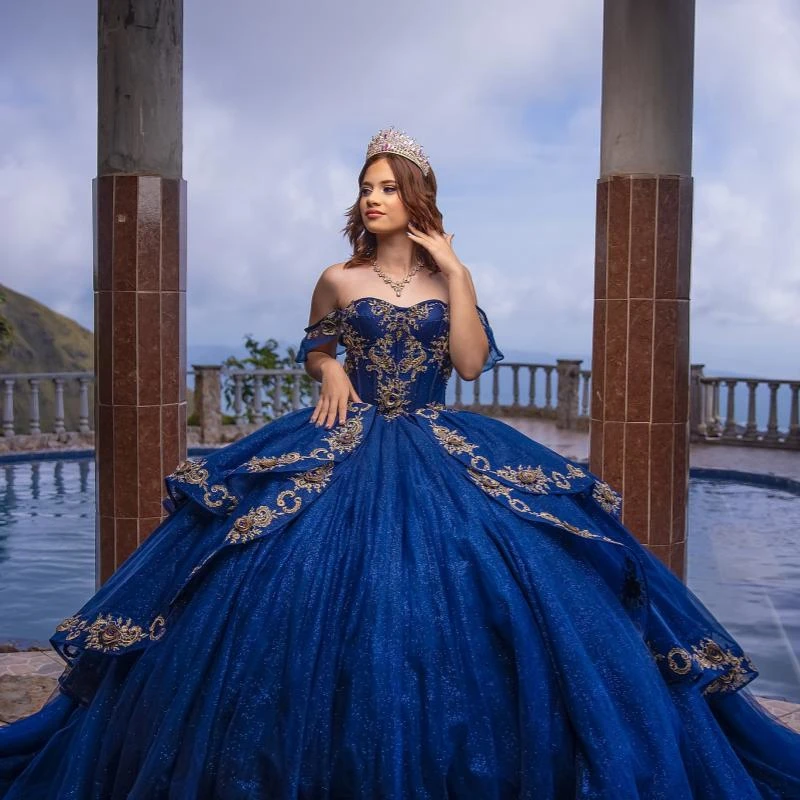 Royal Blue Quinceanera Dresses Ball Gown Off The Shoulder Applique Lace Beads Tull Corset Party Birthday Sweet 16 Dress Vestidos 15 Anos