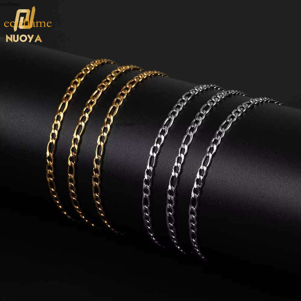 NUOYA Wholesale 3/5/6mm Gold Plated Stainless Steel Thin Custom Figaro Chain Bracelet for Women Mens