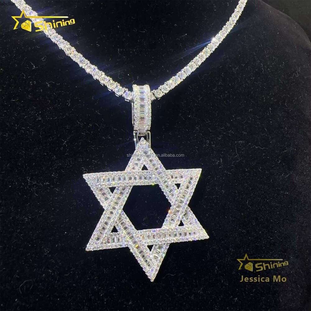 Drop Shipping Hot Selling Iced Out Rapper Sier Vvs Baguette Moissanite Dia Hip Hop Star Pendant Necklace Set