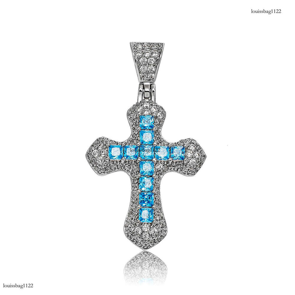 Hip Hop Blue Moissanite chain Cross Men's Necklace Fashion Versatile Sweater Chain Jewelry