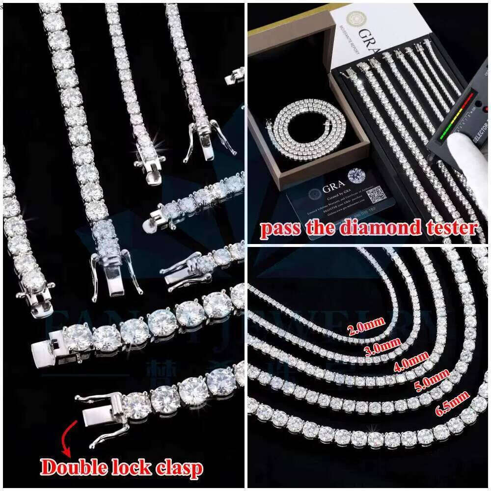 Iced Out Hip Hop Fine Jewelry Necklaces Sterling Sier VVS1 Dia Moissanite Tennis Chain Necklace 2mm 3mm 4mm Dropshipping