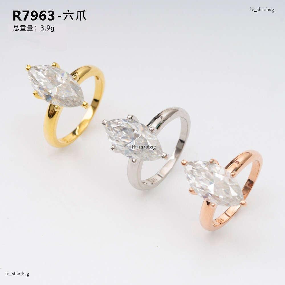 Hip Hop Six-Claw Water Drop Shape 8*16D Color Moissanite Silver Women's Ring Jewelry