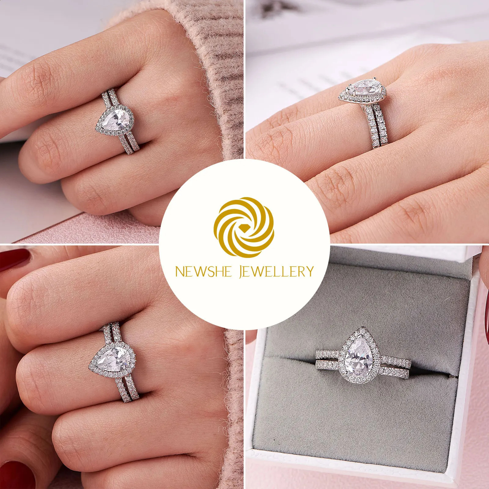 she 2 Pieces Tear Drop Shape Engagement Ring Wedding Band for Women 925 Silver Bridal Jewelry High Grade Cubic Zircons 250807