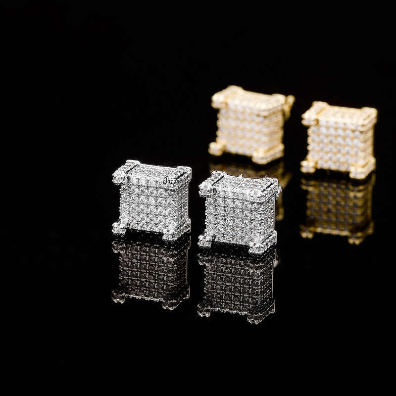 Iced Out VVS Square Three-Dimensional Pave Zircon Stud Personality Hip-Hop Unisex Versatile Earrings