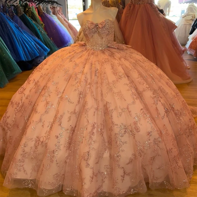 Pink Shiny Quinceanera Dresses Off The Shoulder Sequin Lace Applique Beads Bow Tull Ball Gown Birthday Party Sweet 16 Dress Vestidos De 15 Anos