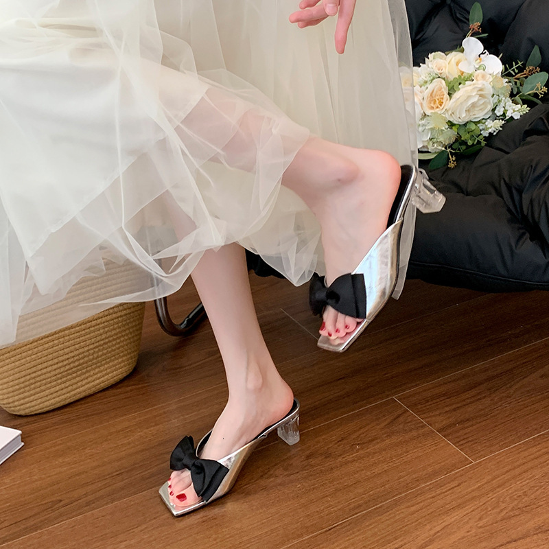 Summer high-end sandals new butterfly knot thick heel sandals half mule size plus width women's shoes designer sandals designer women's shoe