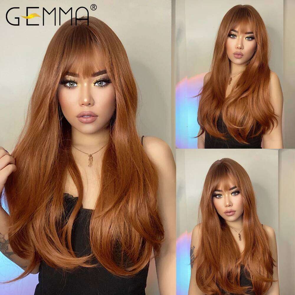 GEMMA Red Brown Copper Ginger Long Straight Synthetic for Women Natural Wave Wigs with Bangs Heat Resistant Cosplay Hair