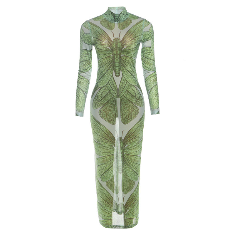 2025 Summer New Womens Fashion Elegant High Neck Slim Fit Bodycon Long Printed Dress