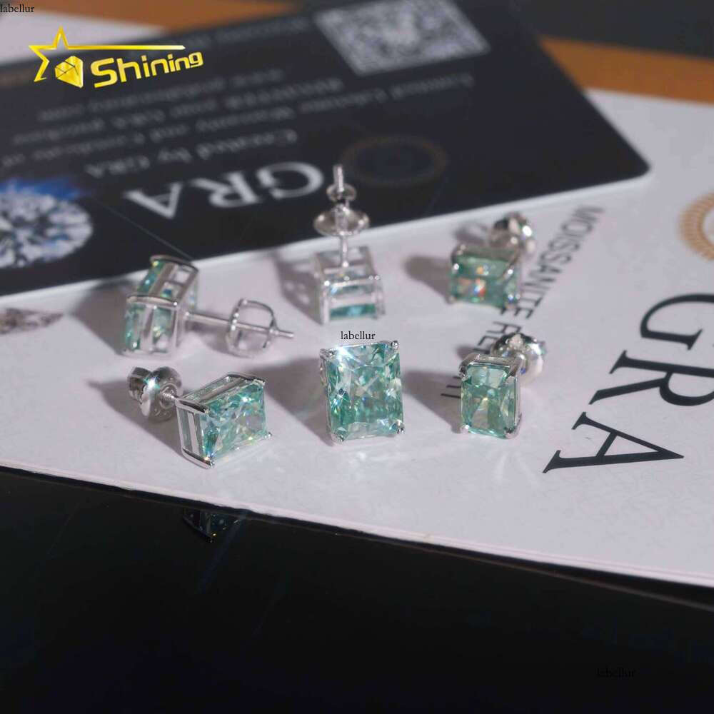 Fashion Jewelry Color Dia Blue Green Sier Screw Back Radiant Cut Moissanite Stud Earrings