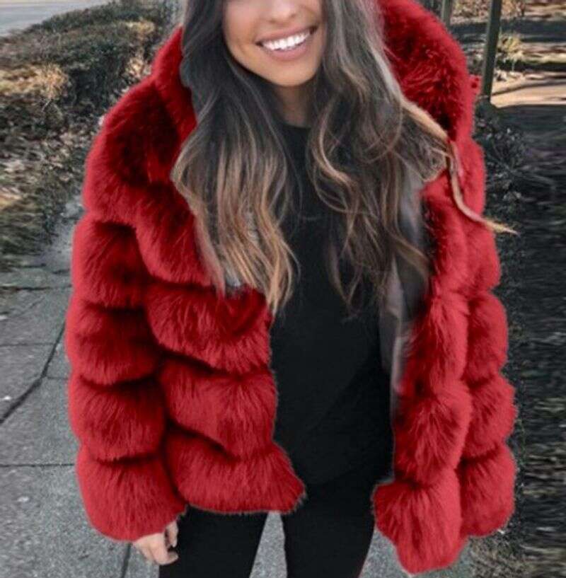 Women's thick warm long sleeve hat imitation rabbit fur coat