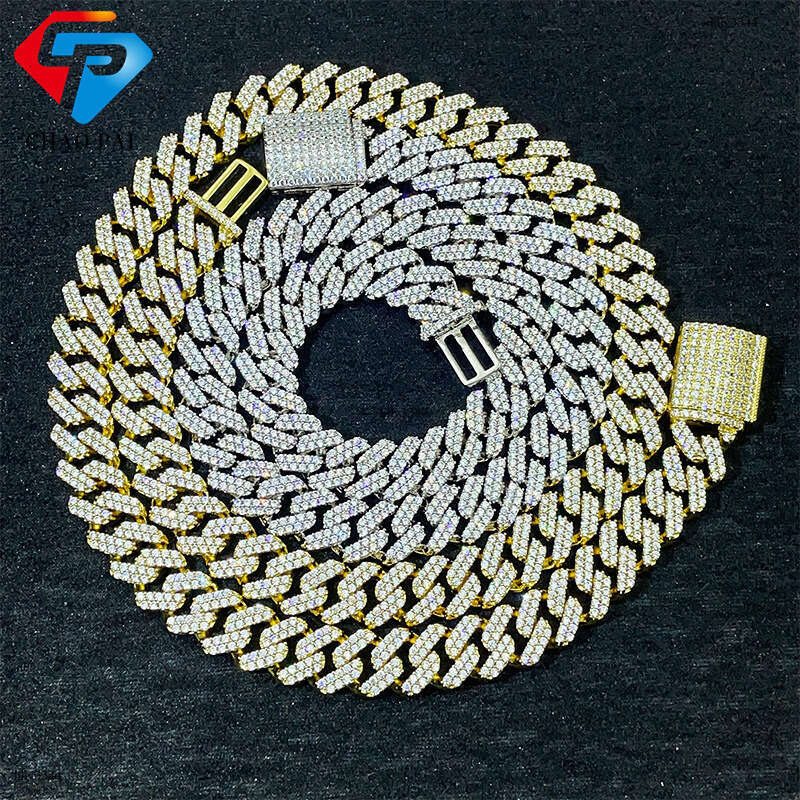 Sterling Silver Inlaid Moissanite chain Cuban Chain 13mm Two Row Stone Dia Hip Hop Jewelry Men's Necklace