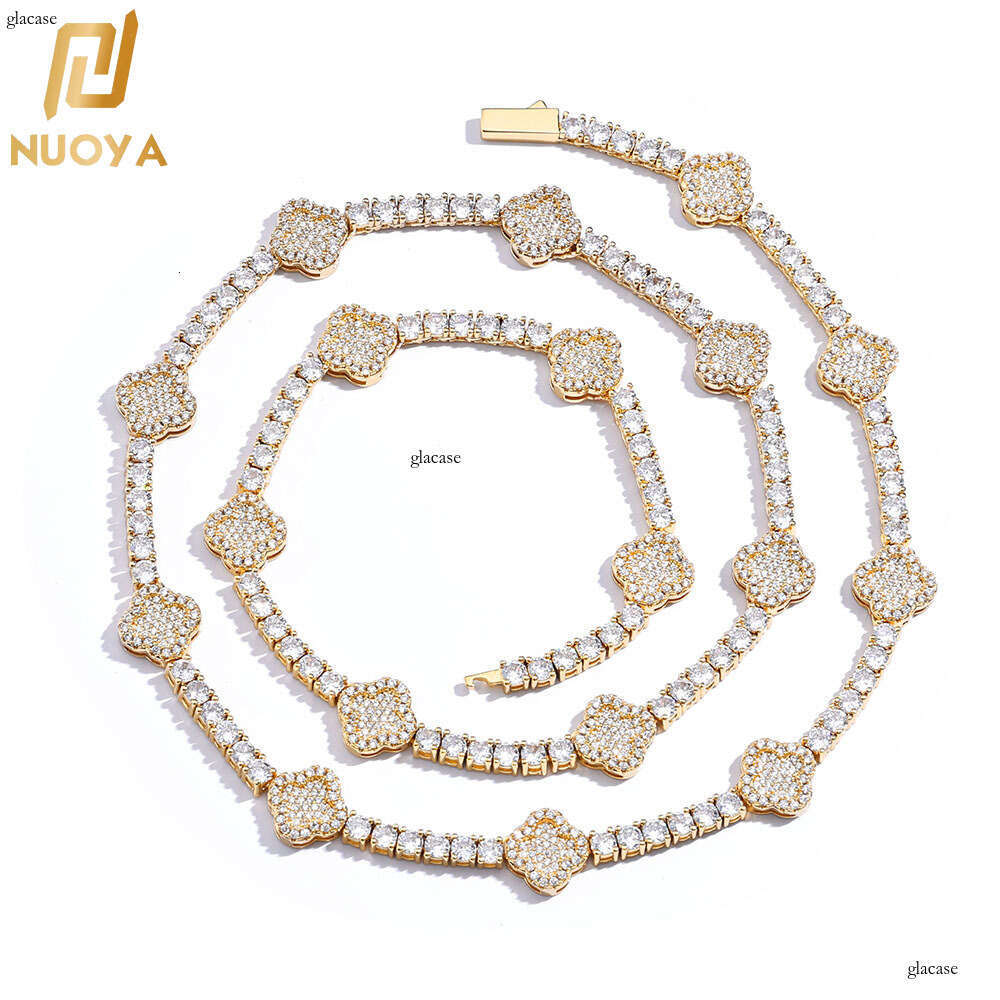 Hip Hop Spring Buckle Moissanite chain Tennis Chain Four-Leaf Clover Necklace Personality Versatile Men's Jewelry