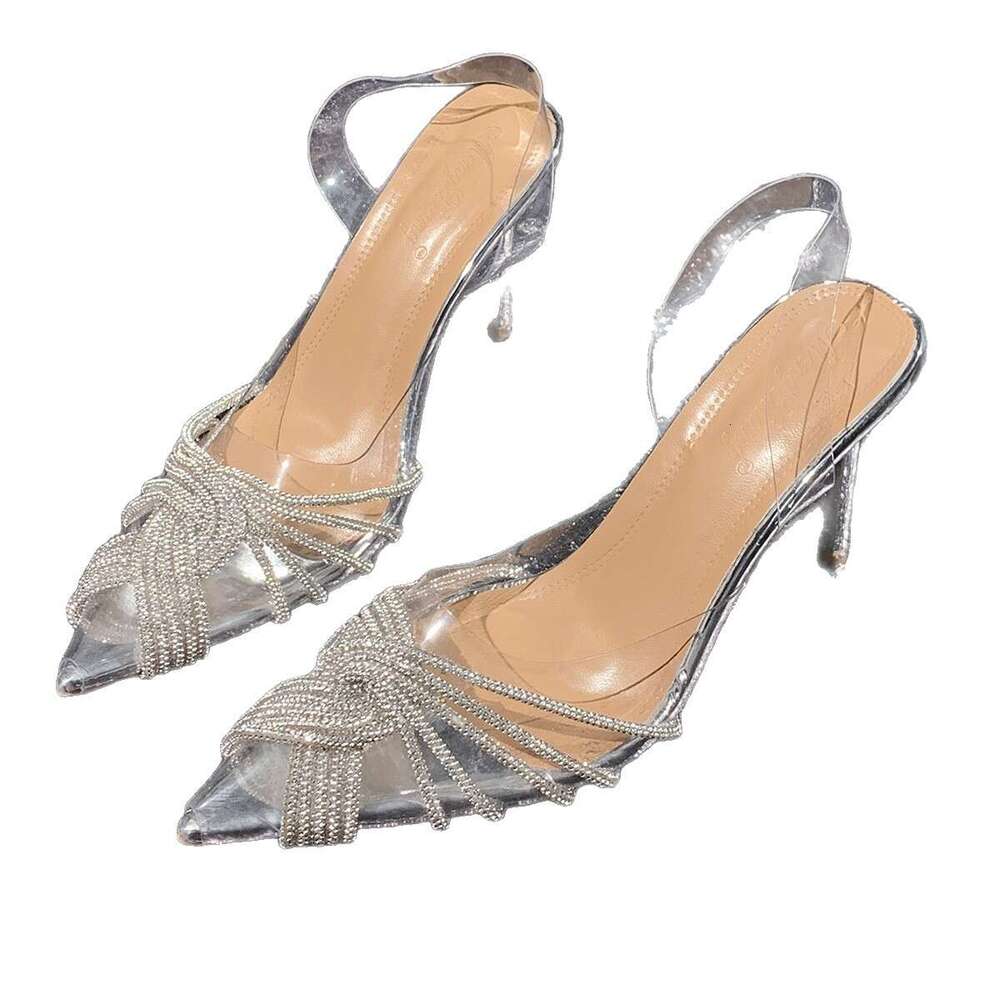 35-43 Plus Size Pointed Toe Transparent Rhinestone High Heels One-Strap 2025 Summer New Internet Designer Shoes Celebrity Outdoor Sexy Slippers Sandal