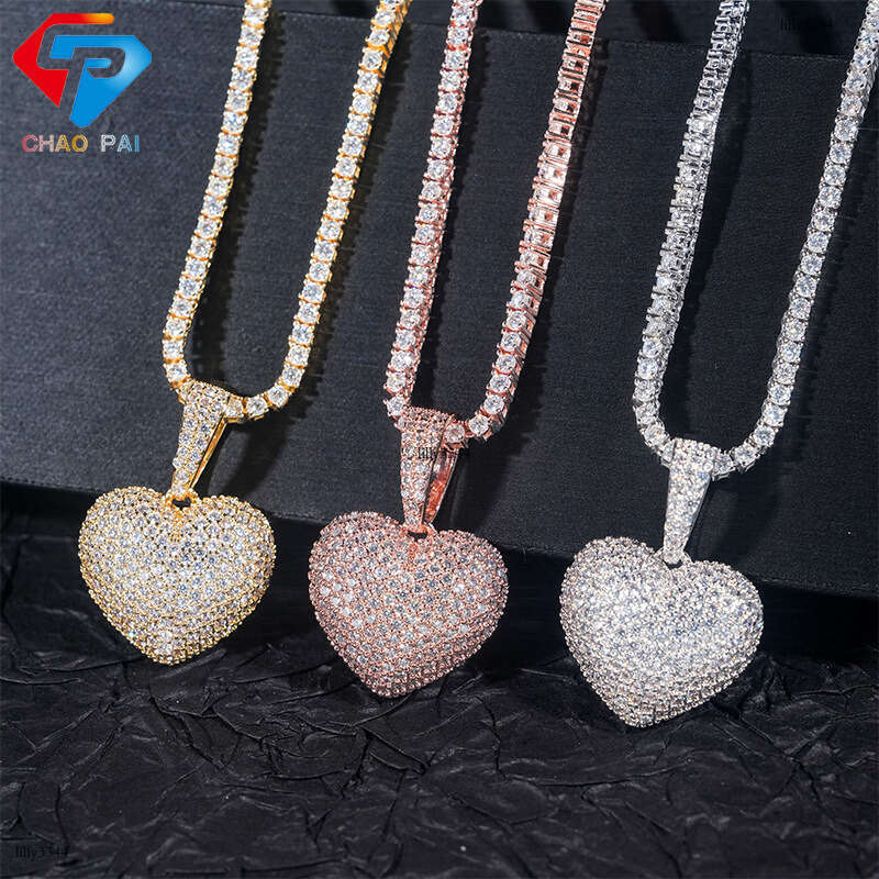Wuzhou Heart-Shaped Pendant Sterling Silver Inlaid Moissanite chain Full Dia Hip-Hop Trendy Wearable 6.5m Necklace