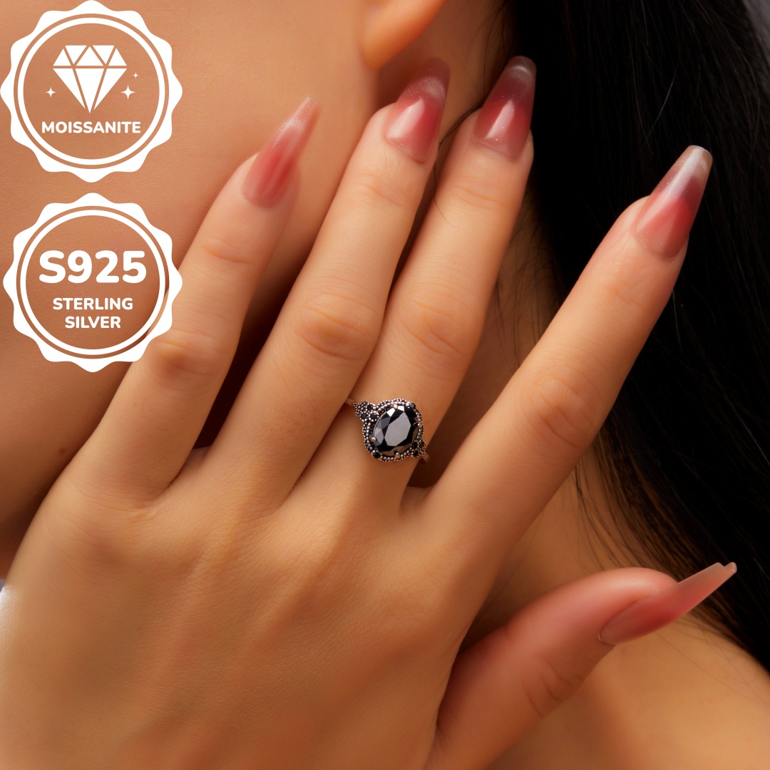 MT Vintage 2ct Oval Black Moissanite Ring for Women and Men -October Birthstone-925 Sterling Silver Art Deco Bridal Wedding Promise Ring for Her Hallo