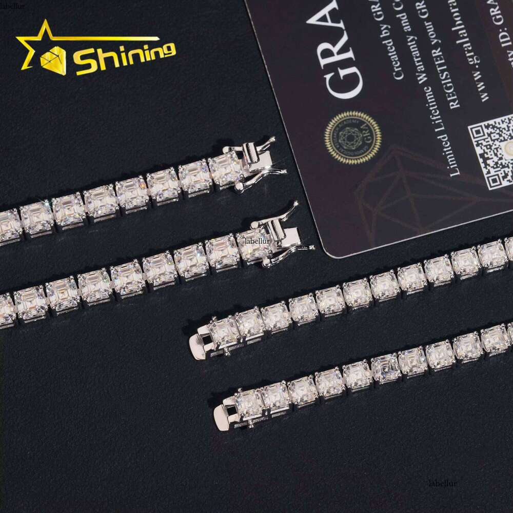 New Stocks Sier Rhodium Plated Men Women Tennis Hip Hop 5mm 6mm Asscher Cut Moissanite Dia Bracelet