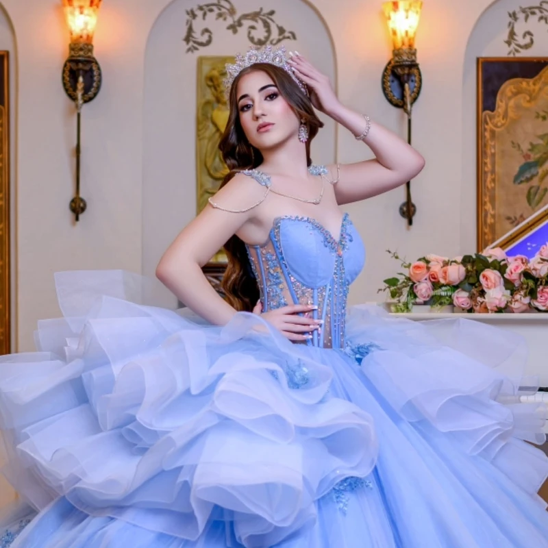 Sky Blue Quinceanera Dresses Ball Gown Off The Shoulder Applique Flower Beads Tull Tiered Party Birthday Sweet 16 Dress Vestido De 15 Anos