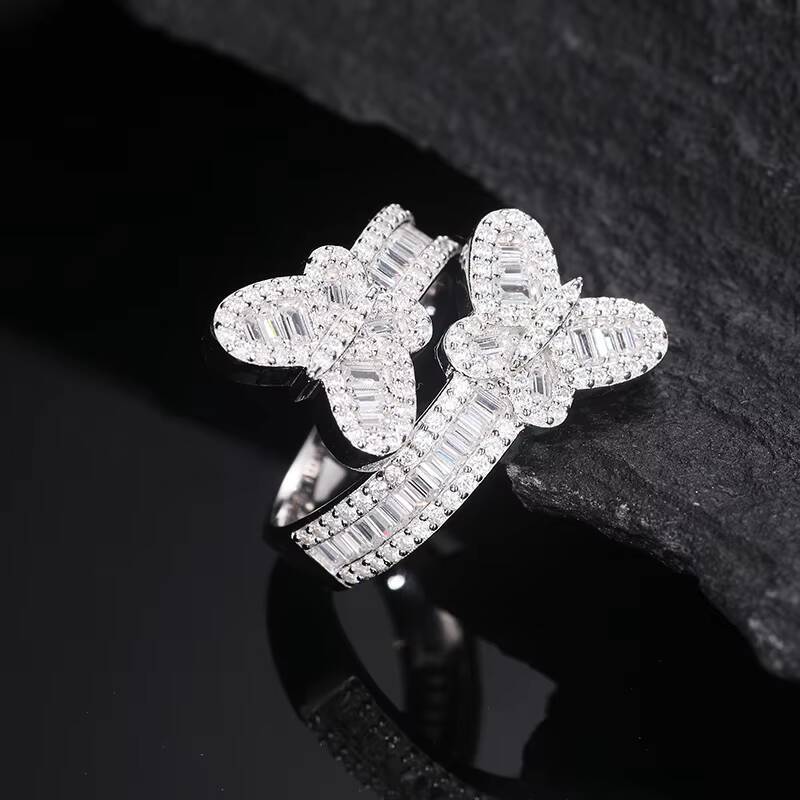 New Design Hip Hop Jewelry 925 Sterling Silver VVS Baguette Moissanite Diamond Double Butterfly Rings for Mens