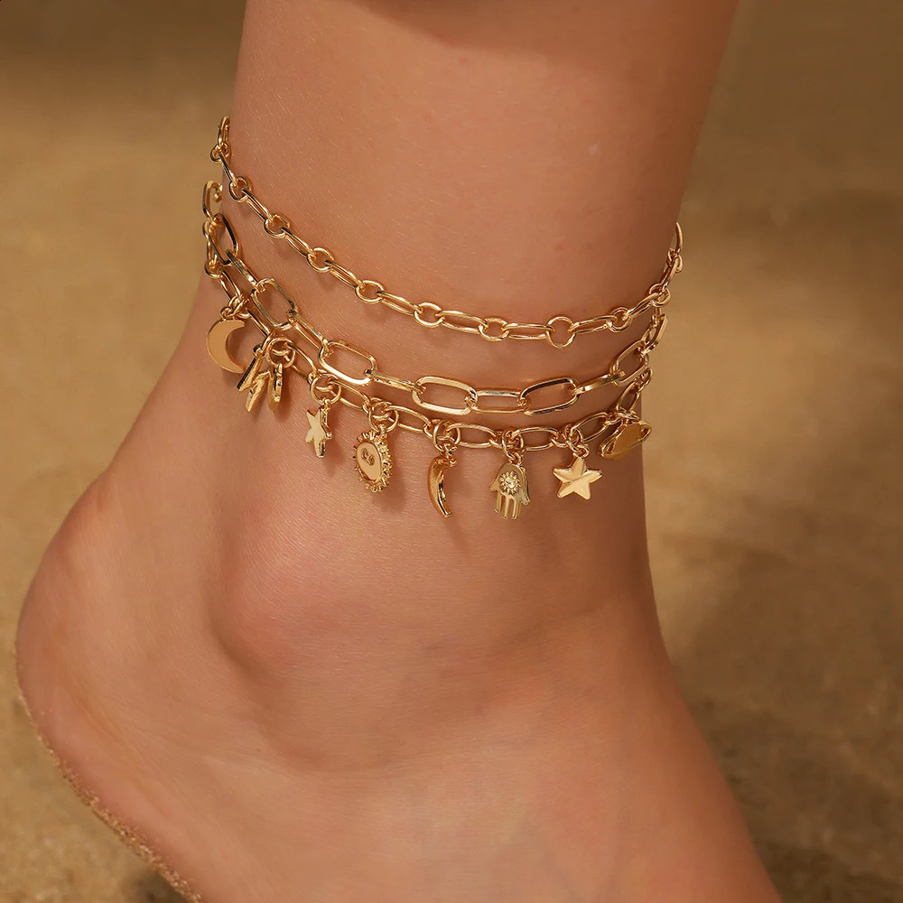 NADEEM Fashion Metal Multilayer Star Moon Sun Anklets for Women Vinatge Heart Planet Link Chain Anklets Accessories Jewelry Gift 250807