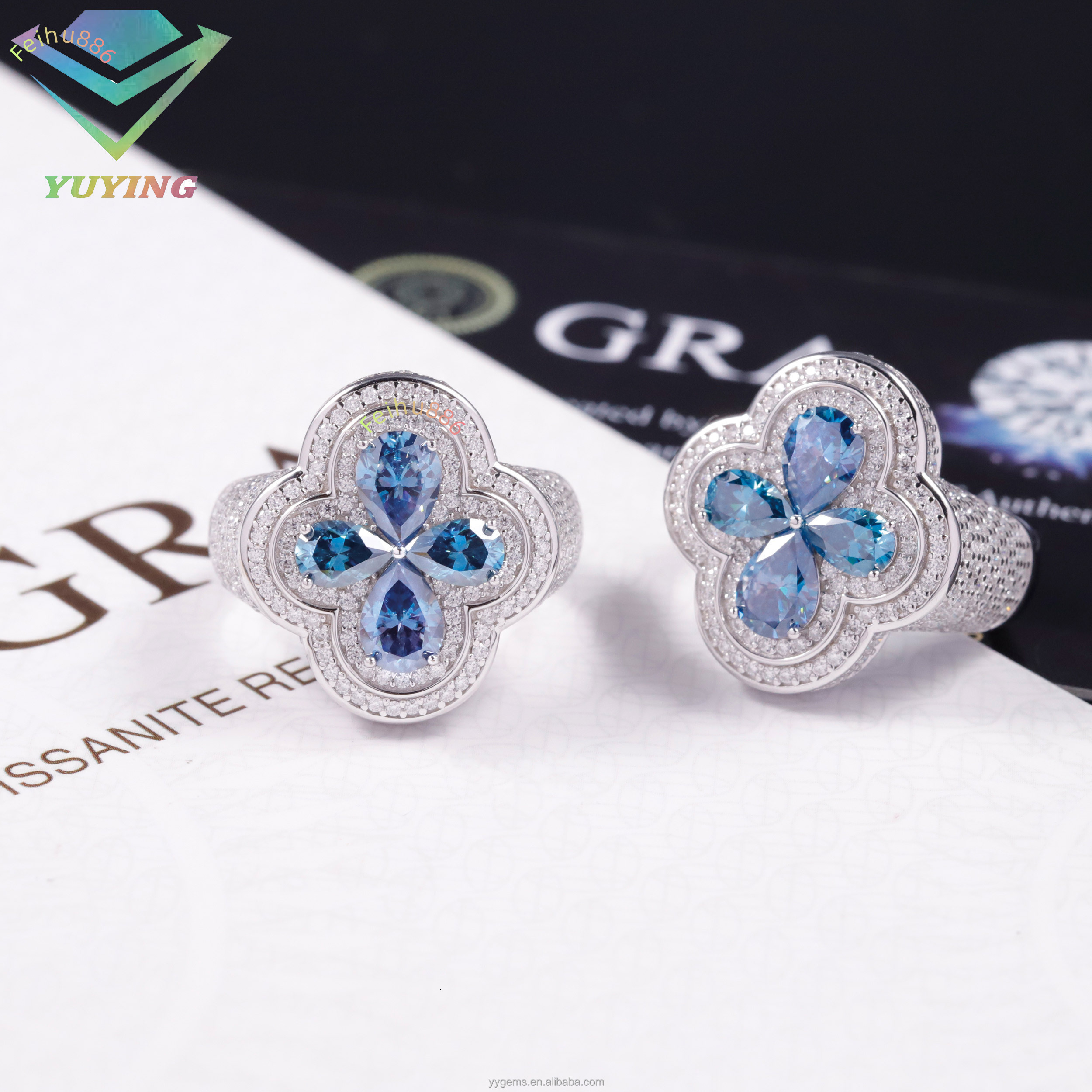 Deep Blue Color Pear Cut Moissanite Diamond 925 Silver Material Clover Shape Cuban Ring