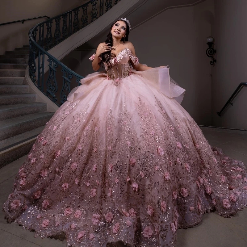 Pink Quinceanera Dresses Ball Gown Off The Shoulder Sequin Applique Flower Beads Tull Corset Party Birthday Sweet 16 Dress Vestidos 15 Anos