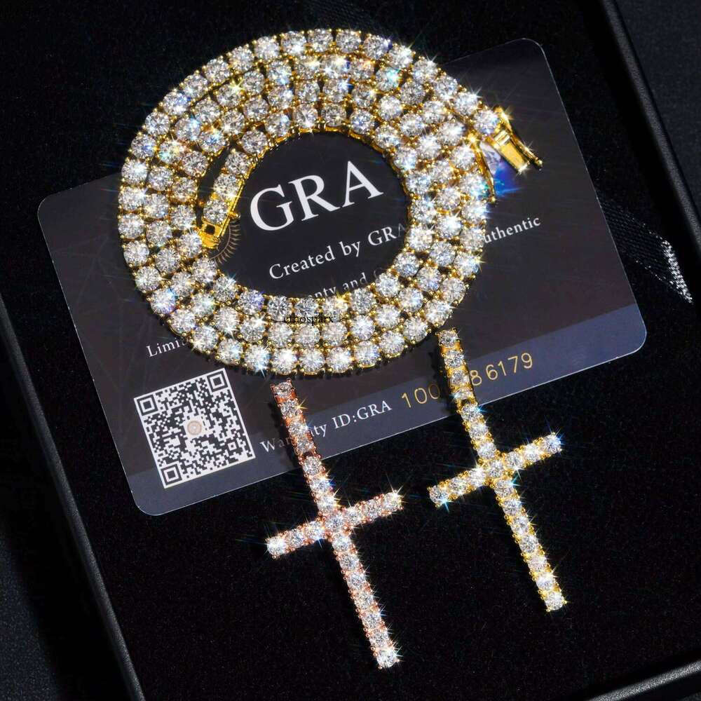 Stock Popular Jewelry Sterling Sier Vvs Moissnaite Dia Tennis Chain Cross Pendant Necklace