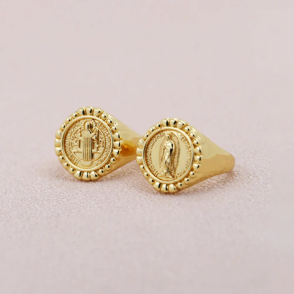 Simple Versatile Plated Gold Copper Round Shape Virgin Mary Religious Rings Daily Wearing Women Jewelry 250805