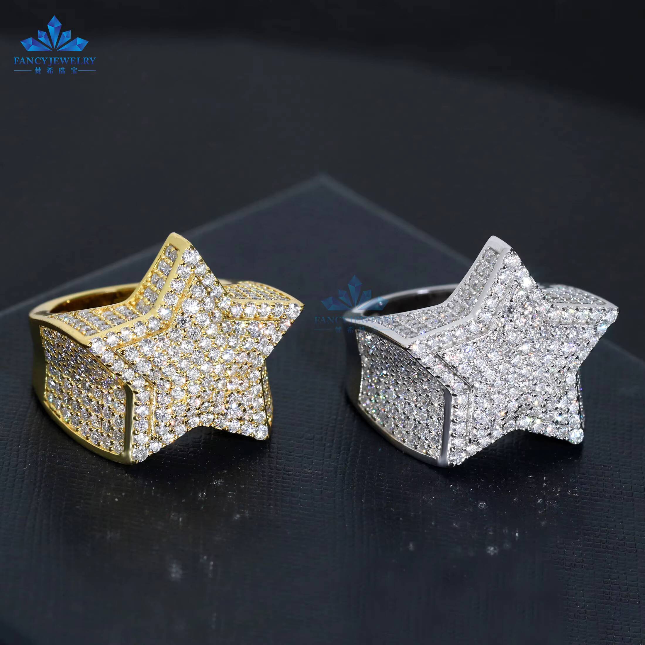 Mens Hip Hop Ring 925 Sterling Silver Ice Out Moissanite Star Finger Band Men Rings