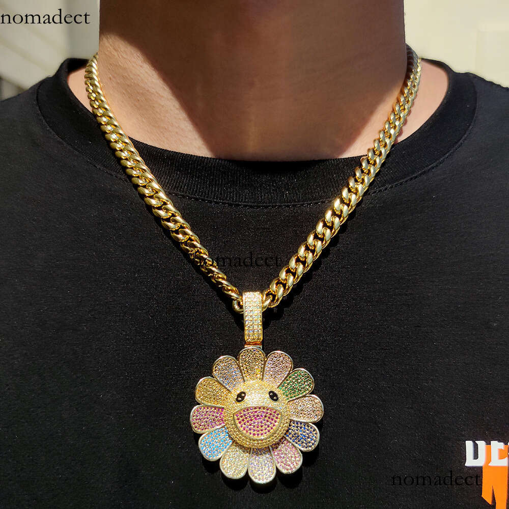 Hip-Hop Rotatable Murakami Suower Trendy Brand Personality Sterling Silver Inlaid Moissanite chain Pendant Necklace