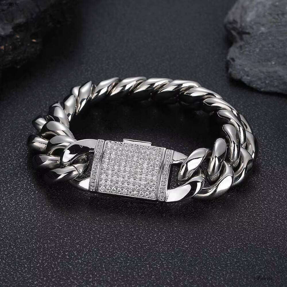 NUOYA Hip Hop Jewelry 18mm Stainless Steel Curb Chain Brass Zircon Clasp Gold Plated Miami Cuban Link Bracelet