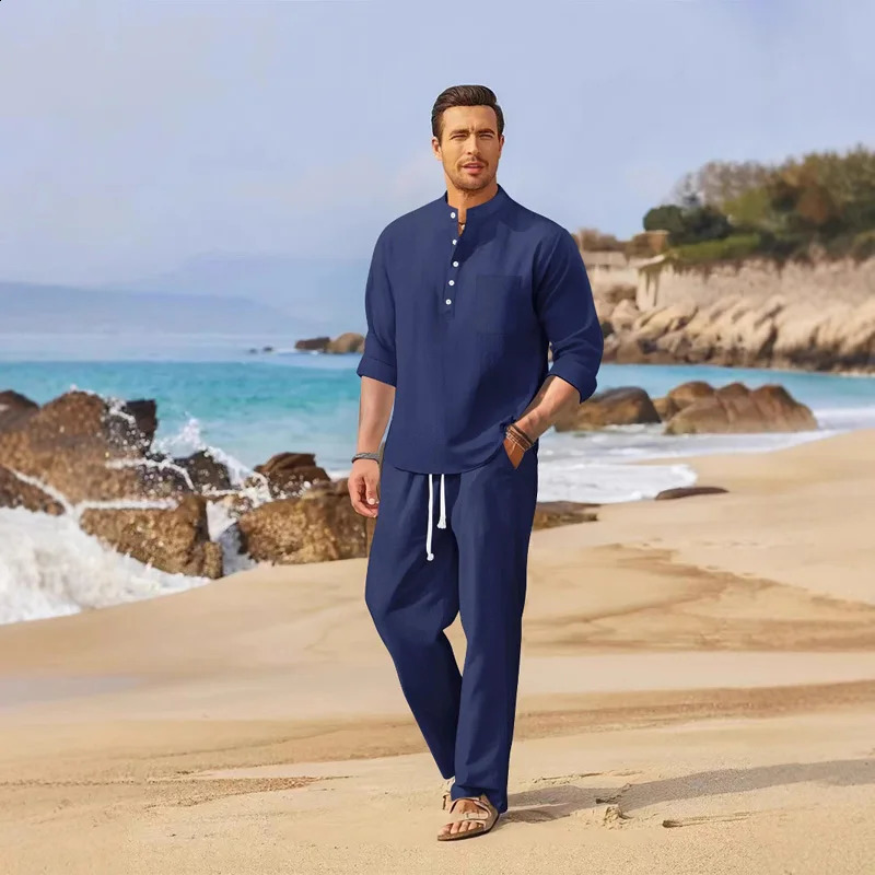 Mens Lightweight y Polo Shirt Set Summer Stand up Collar Button Pocket Cotton Hemp Long Sleeve Pants Casual 250809