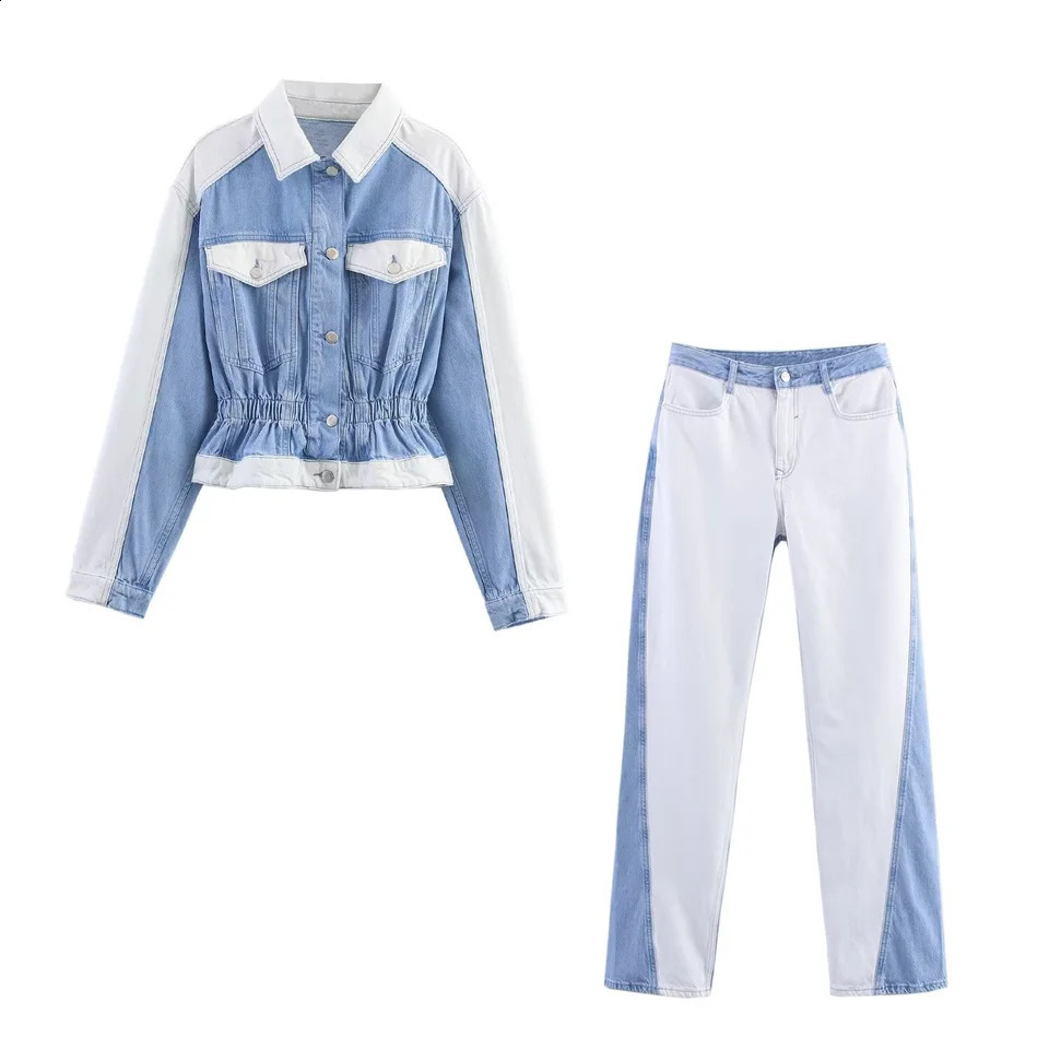 BSK TRAF2025 autumn womens casual fashion contrast color lapel long-sleeved short denim top straight trousers 250808