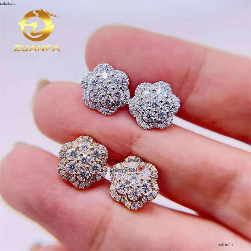 Iced Out Hip Hop Pass Dia Tester Men 10k Gold Flower Cluster Vvs Moissanite Earrings Stud