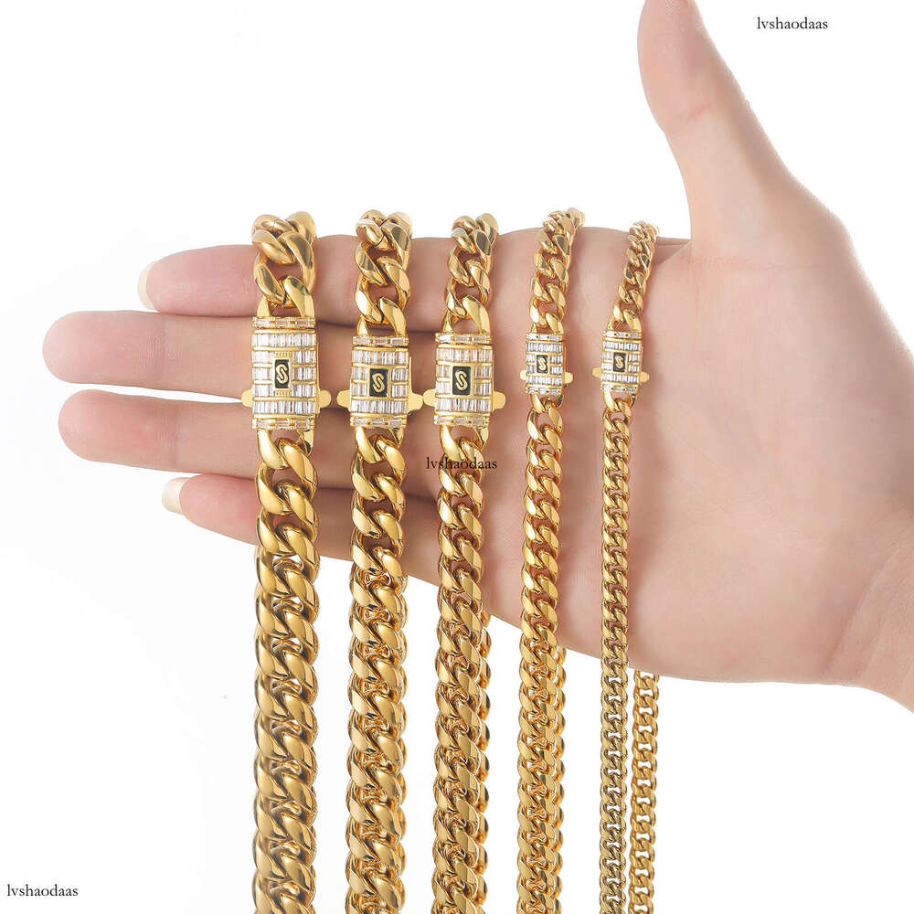 Stainless 6-14mm Cuban Chain Titanium Steel Round Polished Encrusted Moissanite chain Buckle Men's Hip Hop Necklace