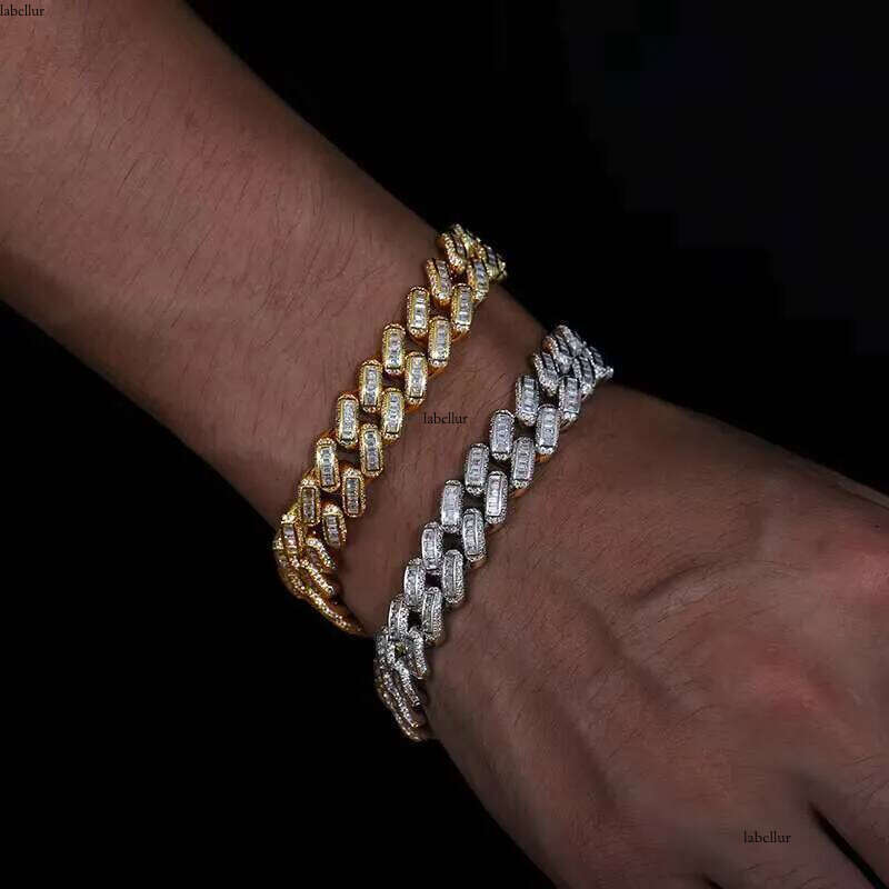 Hot Sale Rappers Hip Hop Jewelry 12mm Sterling Sier VVS Baguette Moissanite Dia Iced Out Cuban Link Chain Necklace