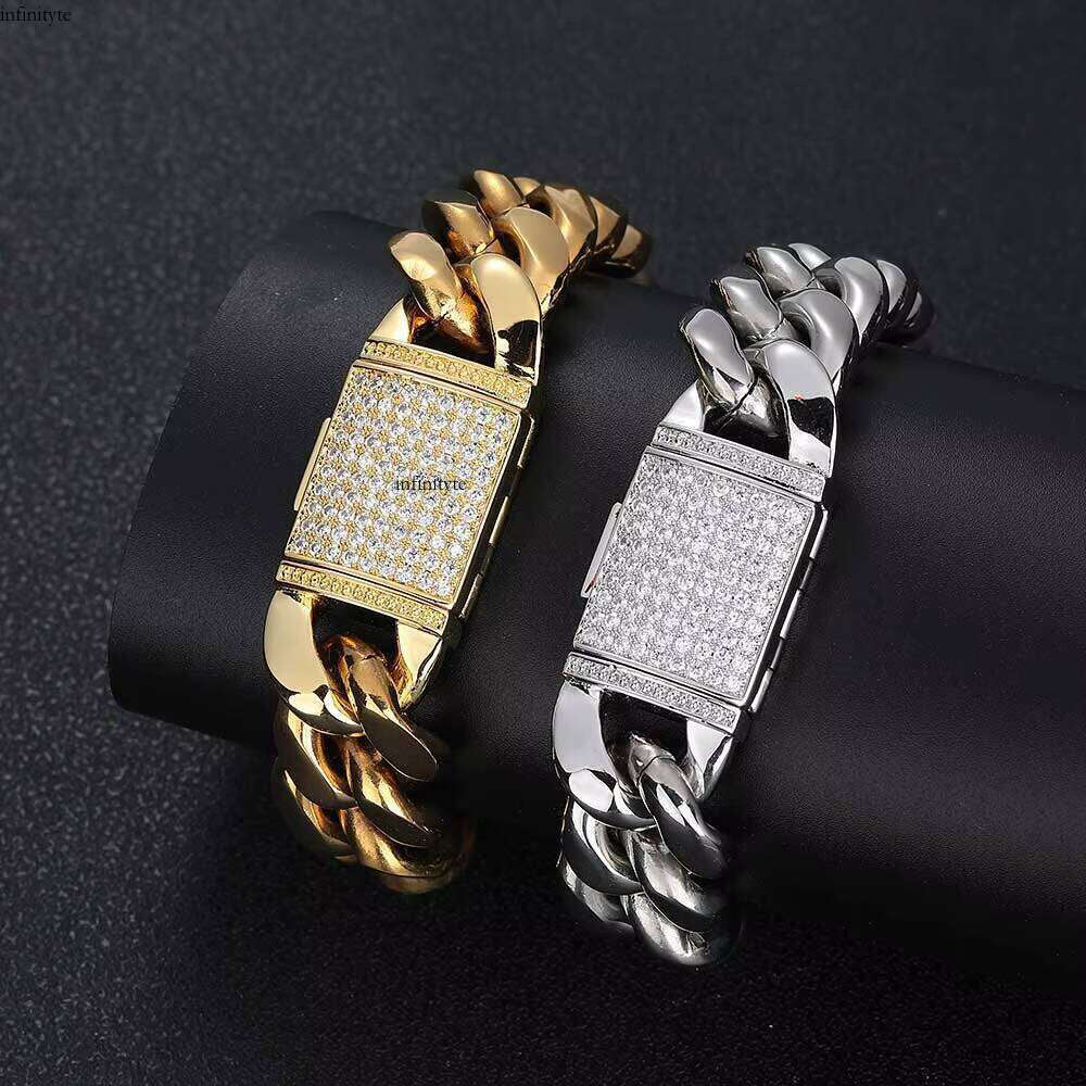 NUOYA Hip Hop Jewelry 18mm Stainless Steel Curb Chain Brass Zircon Clasp Gold Plated Miami Cuban Link Bracelet