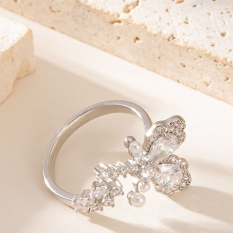 Fashion Simple Diamond-Studded Pearl Butterfly for Women, Non-Fading, Niche Adjustable Open Finger Ring